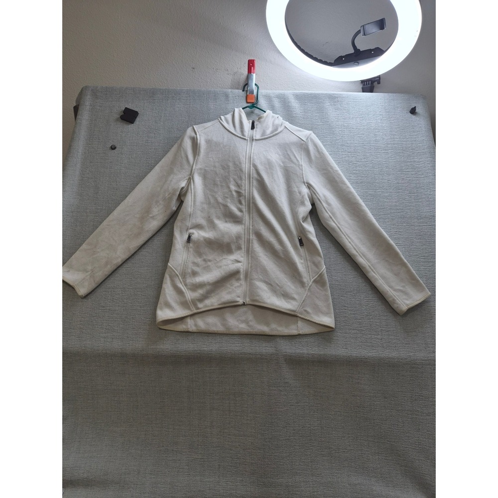 Andrew Marc Fleece Jacket Womens Medium Beige High Low Hem Hooded Full Zip